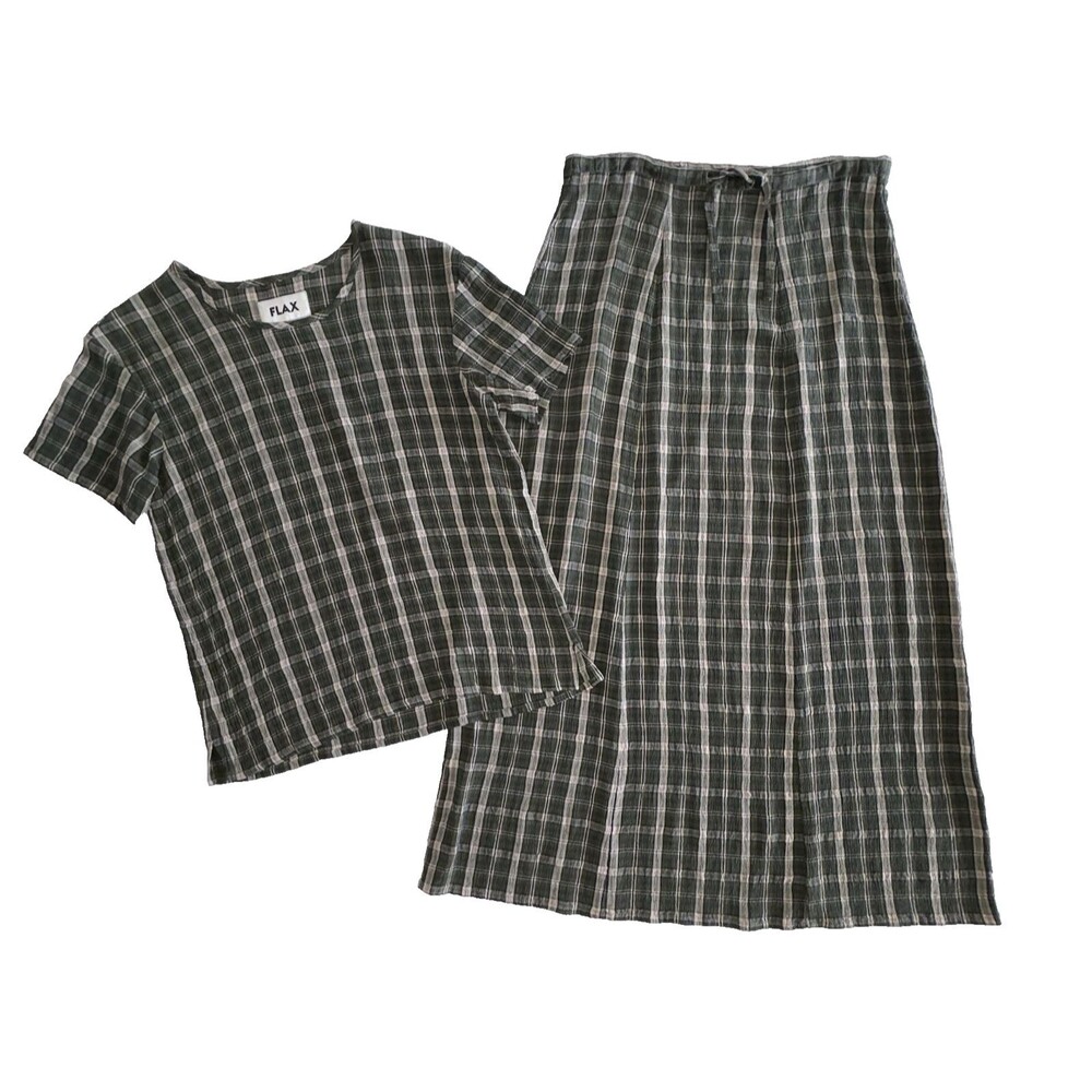 Flax Green Crinkle Plaid Maxi Skirt Short Sleeve Top Skirt Set Size Small